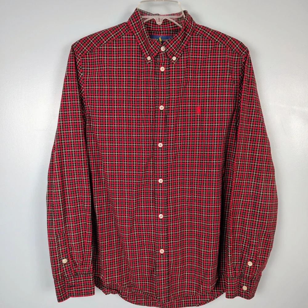 Ralph Lauren Boys XL 18-20 Red Black Plaid Cotton Button Down Shirt Long Sleeve